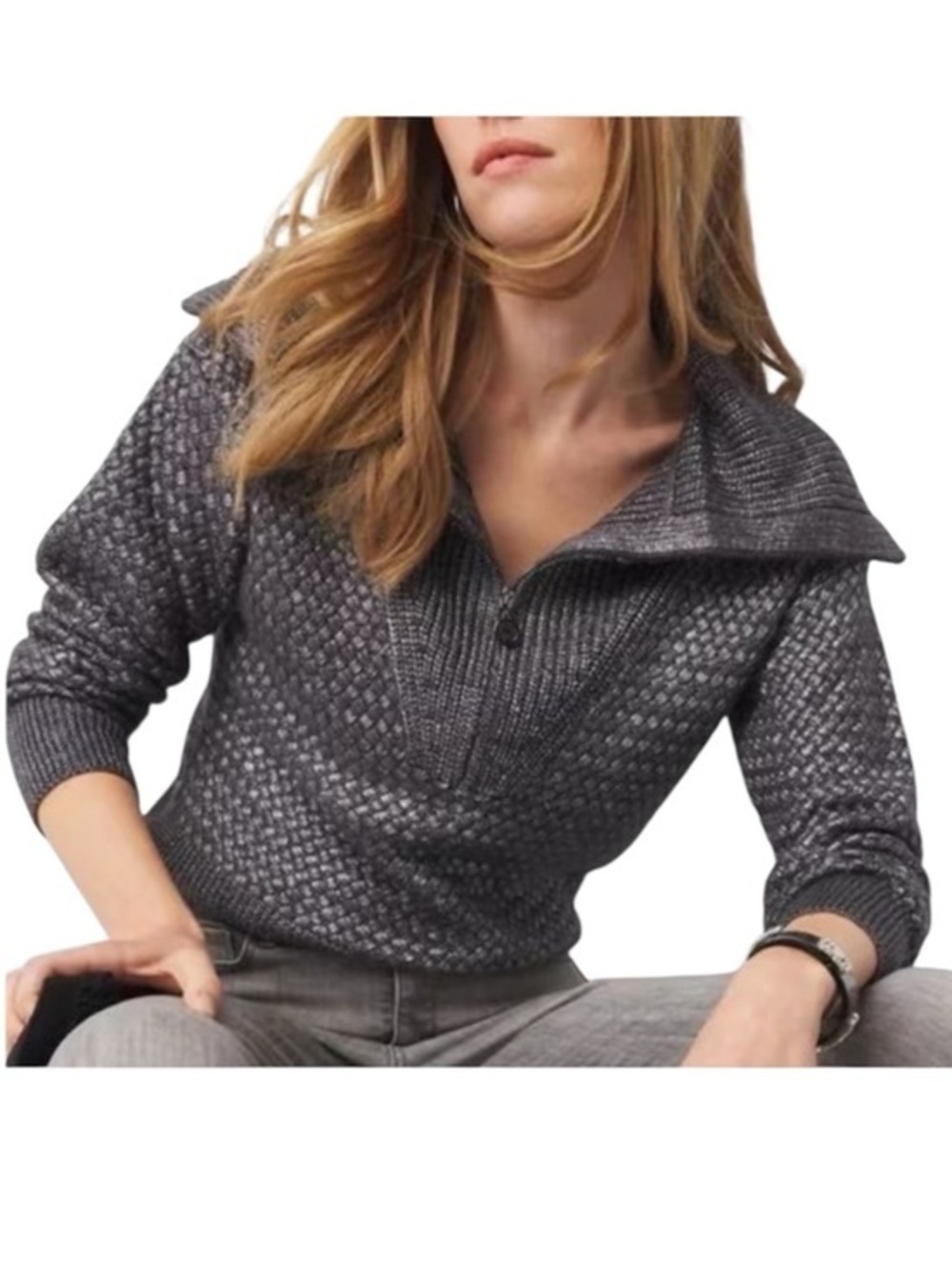 White House Black Market Woman’s Half Zip Metalic Gray Pullover Sweater